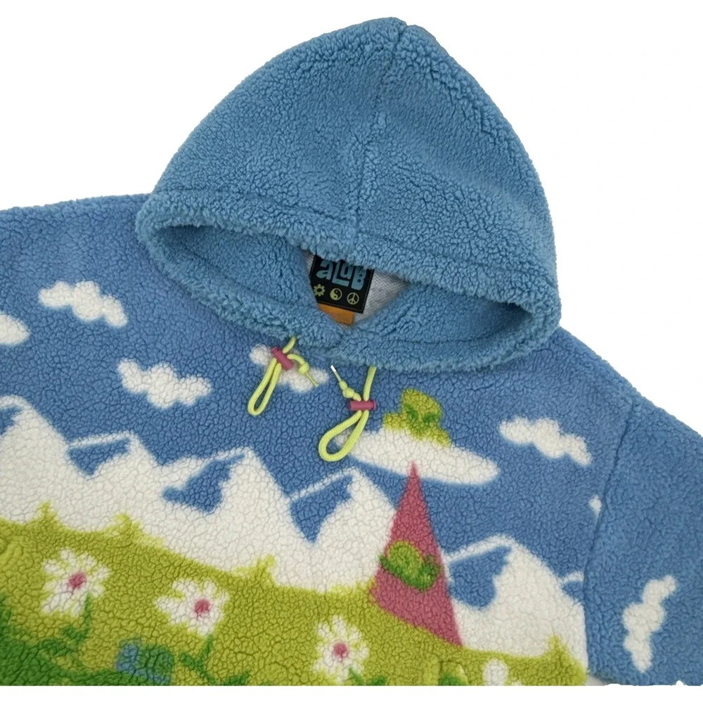 aLAB Hoodie Womens M Fleece Pullover Blue Green Scenic Graphic Cozy Sherpa - Picture 6 of 12